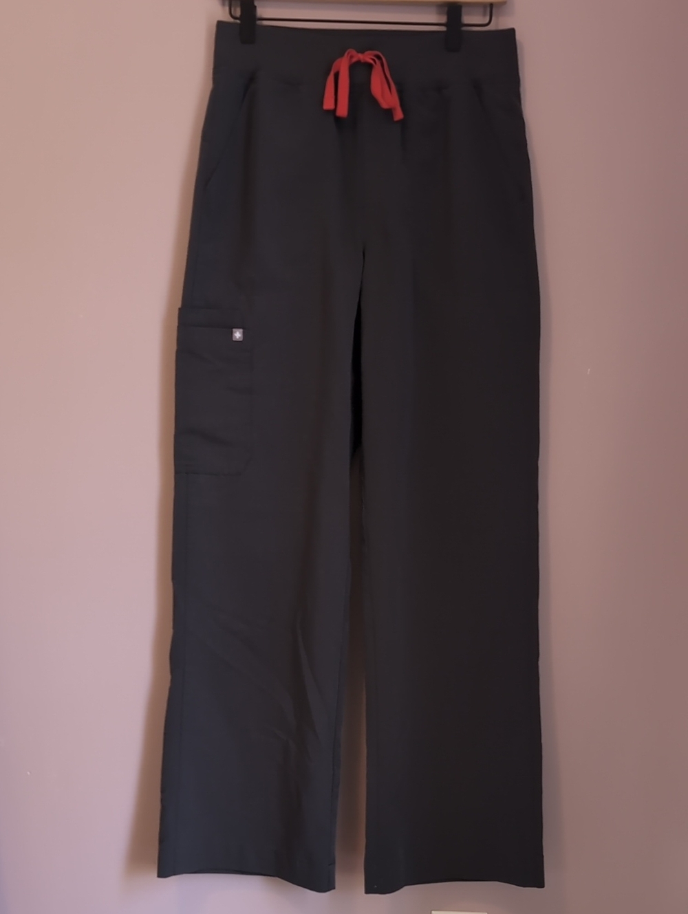 FIGS Women's Dark Gray Drawstring Cargo Pants with Red Accent